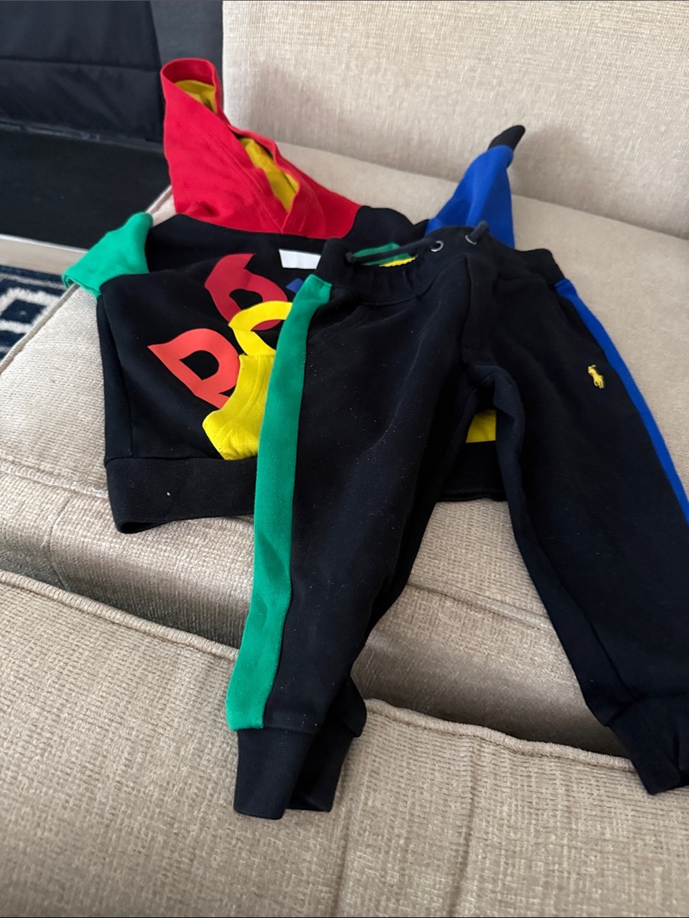 Toddler Polo by Ralph Lauren Black Joggers with Green and Blue Side Stripes